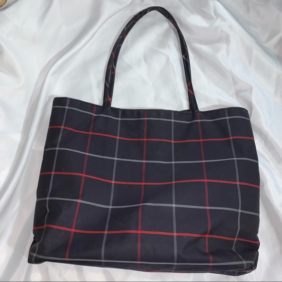 B)  BURBERRY blue treated canvas window pane PLAID tote - Picture 7 of 7